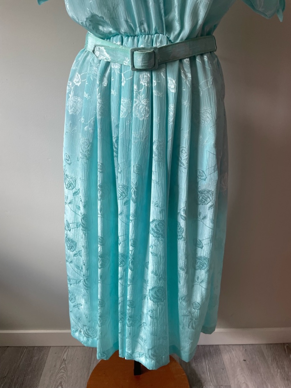 80s 90s The French Fact Floral Rose Satin Midi Dress Belted Retro Cottagecore - Picture 5 of 8
